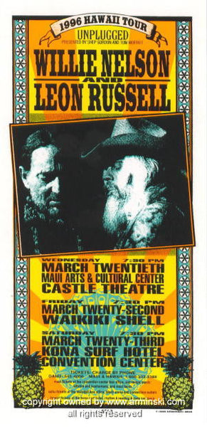 1996 Willie Nelson & Leon Russell - Hawaii Concert Poster by Mark Arminski  (MA-9605)